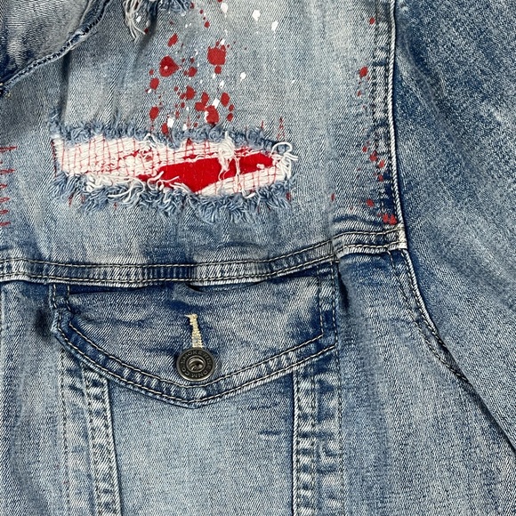 Smoke Rise: Distressed Streetwear Denim Jacket w/Red Accents & frayed details - Picture 4 of 14